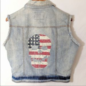 Light Denim Jean Vest With American Flag Skull